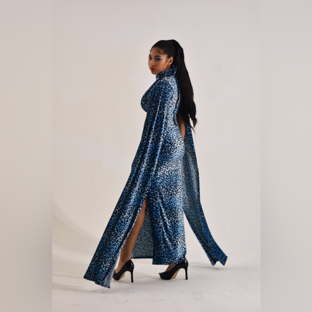 Blue long sleeve animal print dress handmade as seen in Harpers Bazar Vietnam